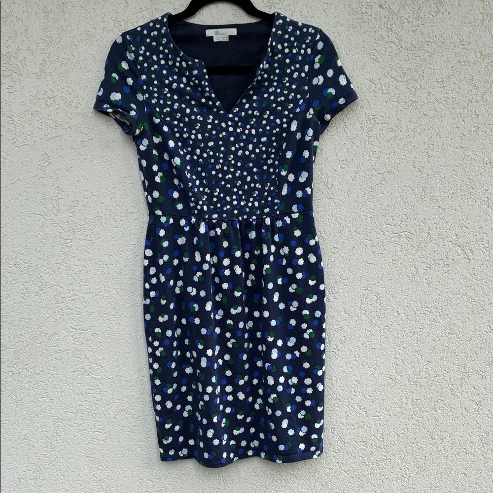 Boden Navy Floral Dot Short Sleeve Dress. Modal cotton blend midi